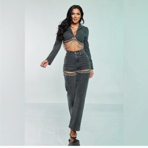 Jeweled Crop Jean Jacket and Jean Set in Black NWT